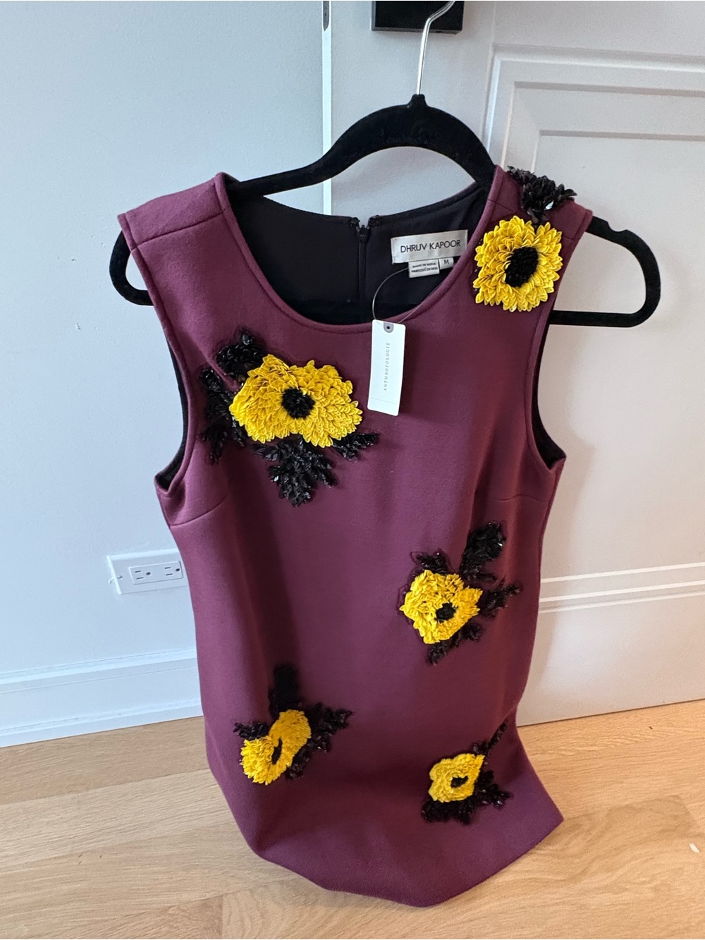 NWT Anthropologie size M Dhruv Kapoor Burgundy Dress with Yellow Floral sequin